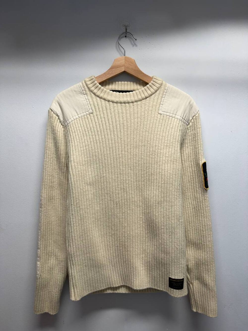 OVO Ribbed Knit Crewneck Sweater with Woven Shoulder & Elbow Patches